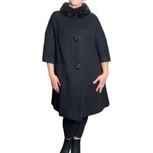 50's Vintage Black Boucle Wool Coat with Fur Collar size Large